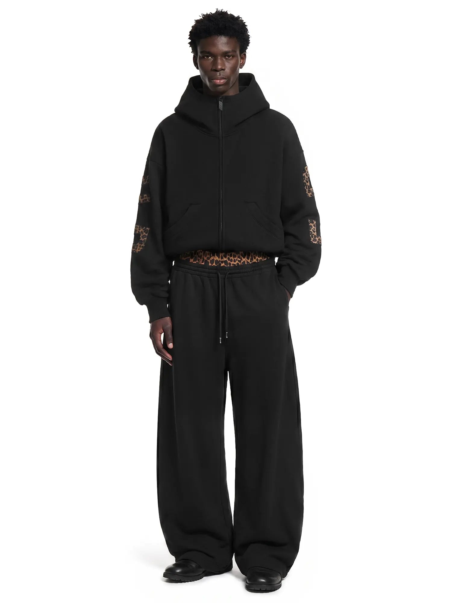 FDR Applique Letter Stand Collar Zip up Jacket & Leopard Panel Faux Two Piece Barrel Sweatpants Set Oversized Y2K Streetwear Unisex#Tiktokshopbacktoschool