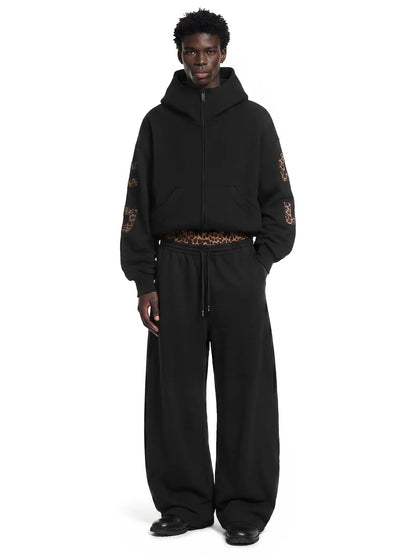 FDR Applique Letter Stand Collar Zip up Jacket & Leopard Panel Faux Two Piece Barrel Sweatpants Set Oversized Y2K Streetwear Unisex#Tiktokshopbacktoschool