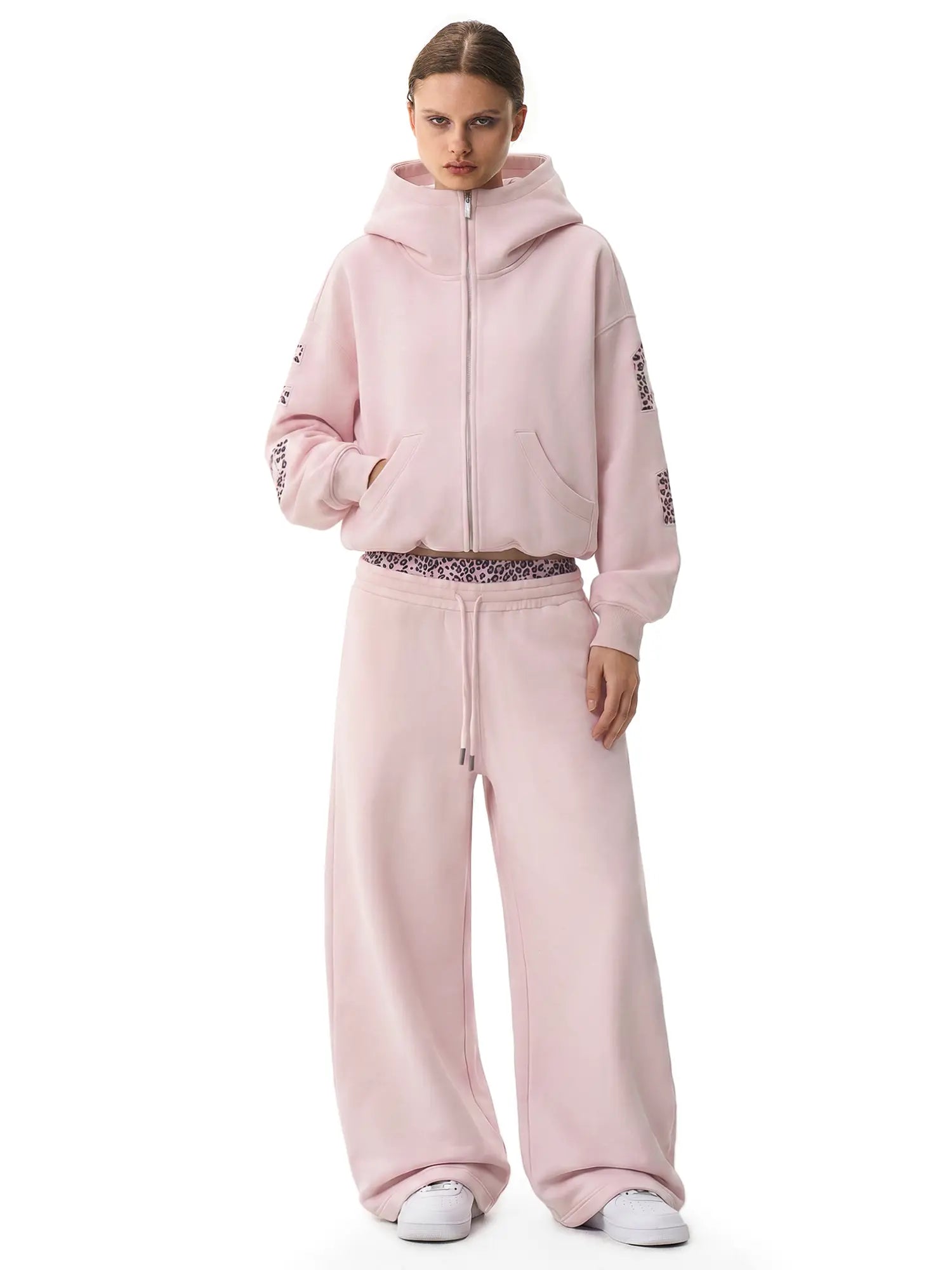 FDR Applique Letter Stand Collar Zip up Jacket & Leopard Panel Faux Two Piece Barrel Sweatpants Set Oversized Y2K Streetwear Unisex#Tiktokshopbacktoschool