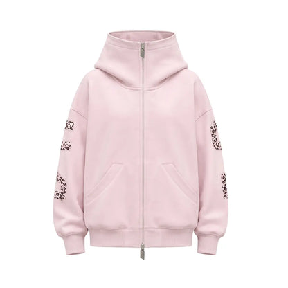 FDR Applique Letter Stand Collar Zip up Jacket & Leopard Panel Faux Two Piece Barrel Sweatpants Set Oversized Y2K Streetwear Unisex#Tiktokshopbacktoschool
