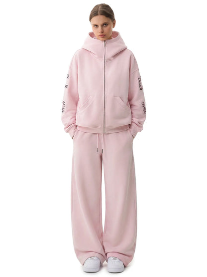 FDR Applique Letter Stand Collar Zip up Jacket & Leopard Panel Faux Two Piece Barrel Sweatpants Set Oversized Y2K Streetwear Unisex#Tiktokshopbacktoschool