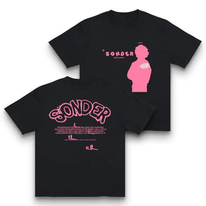 [Ssummer Outfits]Pink Sonder Rap Shirt Casual Crewneck Streetwear Made in USA for Women for Men [180G 100% Cotton, Lightweight and Breathable, Soft and Comfortable] Graphic Tee